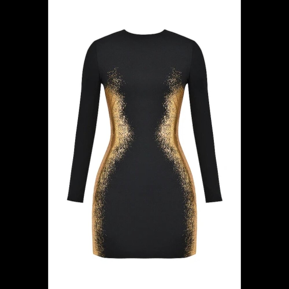 NEW HOUSE OF CB 'Domenica' Black & Gold Foil Print Mini Dress Size M  #MD2198 - Picture 2 of 9